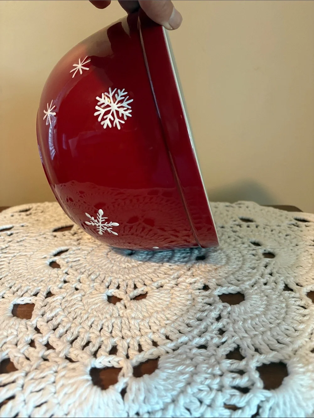 Longaberger Red Holiday Mixing Bowl with White Snowflake Design